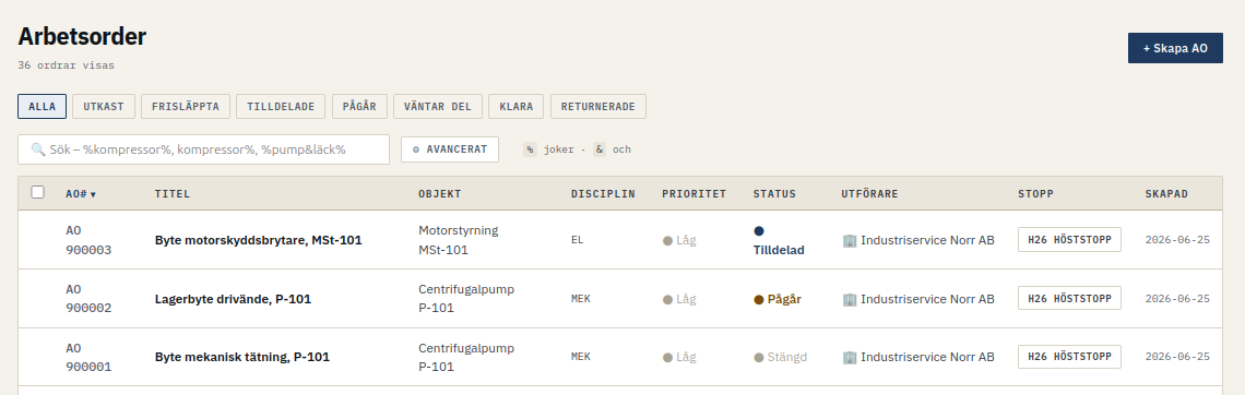 FlexUH arbetsorder-lista: tre jobb från entreprenören med status Stängd, Pågår och Tilldelad