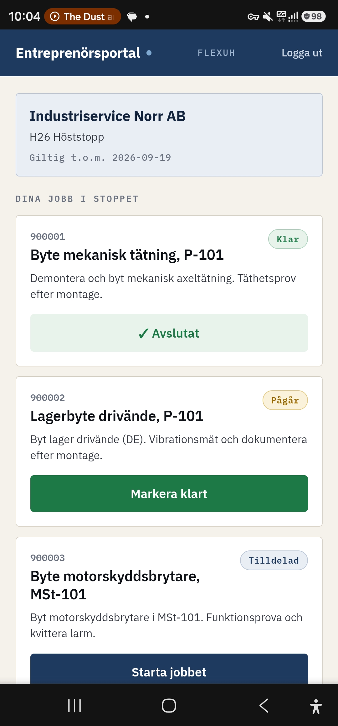Entreprenörsportalen i mobil: tre jobb med status Klar, Pågår och Tilldelad